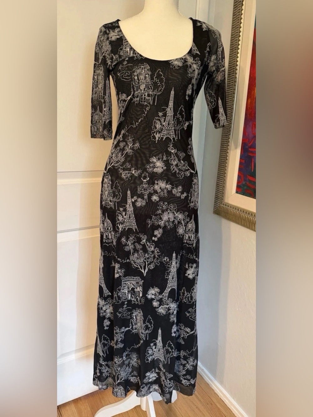 NWOT Johnny Was ~ Jade Black & White Eiffel Tower Print Mesh Maxi Dress Small